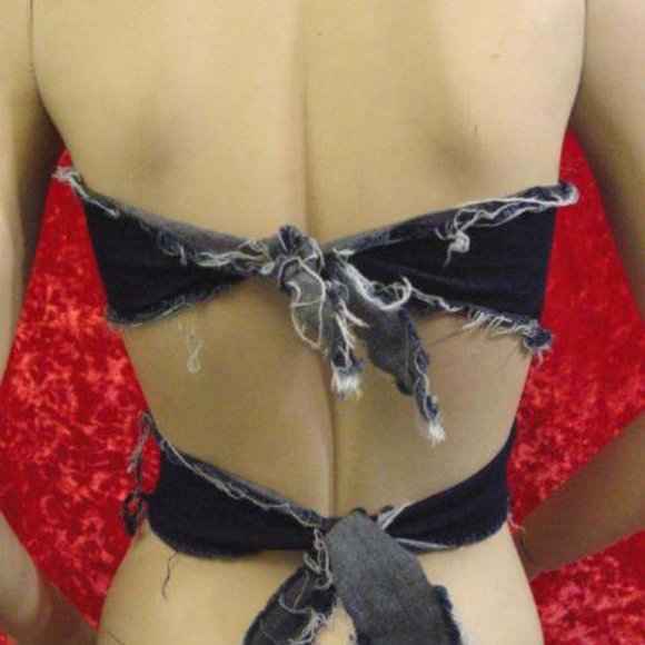 Nude Designs Denim 2 Triangle destroyed tie top Small S - Picture 2 of 2
